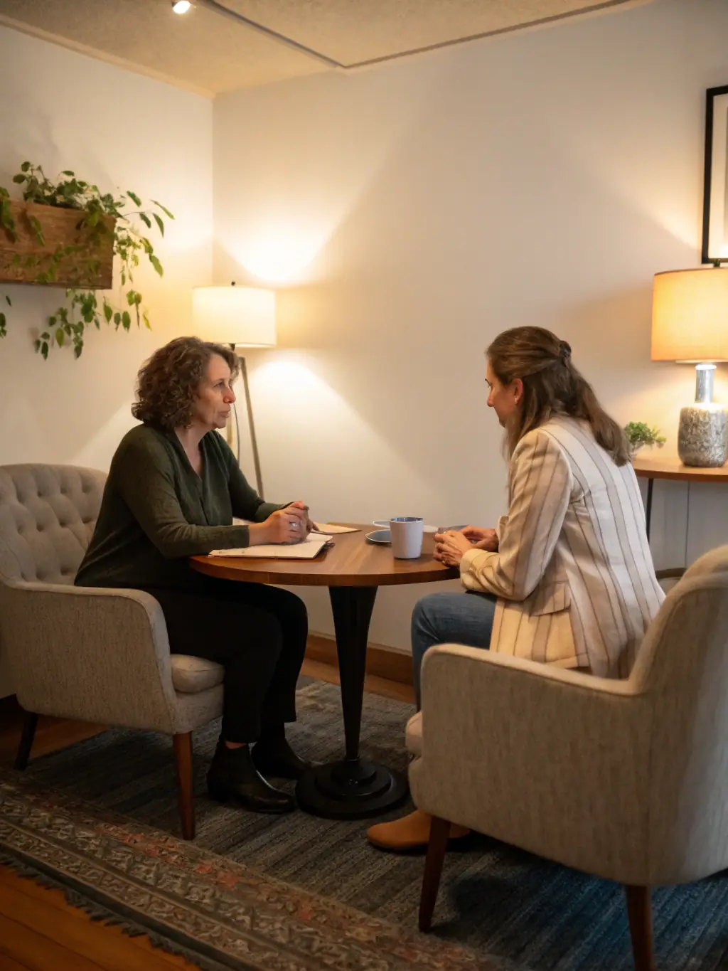 A photo of a business coach conducting a one-on-one leadership training session, emphasizing active listening and constructive feedback.