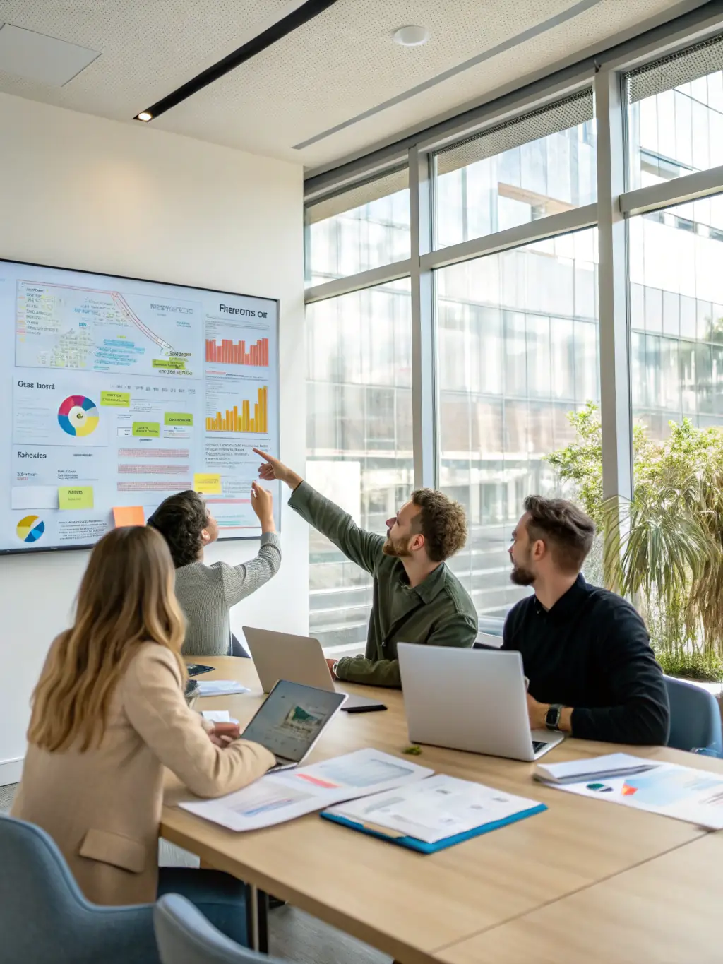 An image depicting a coach facilitating a strategic planning session with a team, using visual aids like charts and graphs in a modern office environment.
